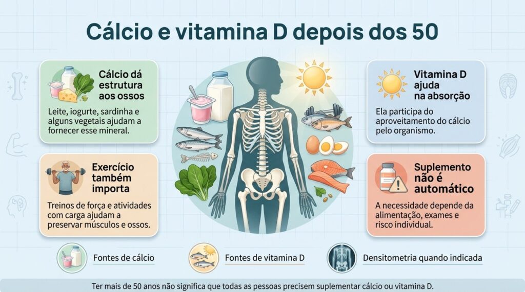 Depois dos 50, alimentação, exercício e avaliação individual ajudam a preservar a saúde dos ossos.
