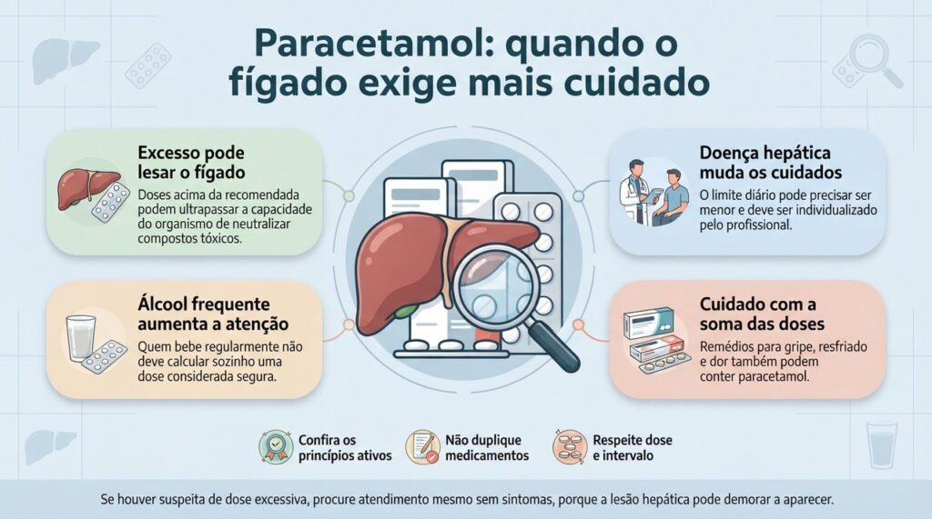 O uso seguro do paracetamol exige atenção à dose total do dia, às combinações de remédios e às condições do fígado.