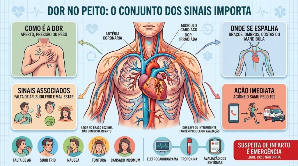 Localização, irradiação e sintomas associados ajudam a reconhecer uma possível emergência cardíaca.