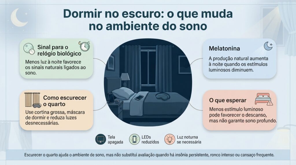 Um quarto mais escuro reduz estímulos luminosos e pode favorecer a preparação natural do organismo para o sono.