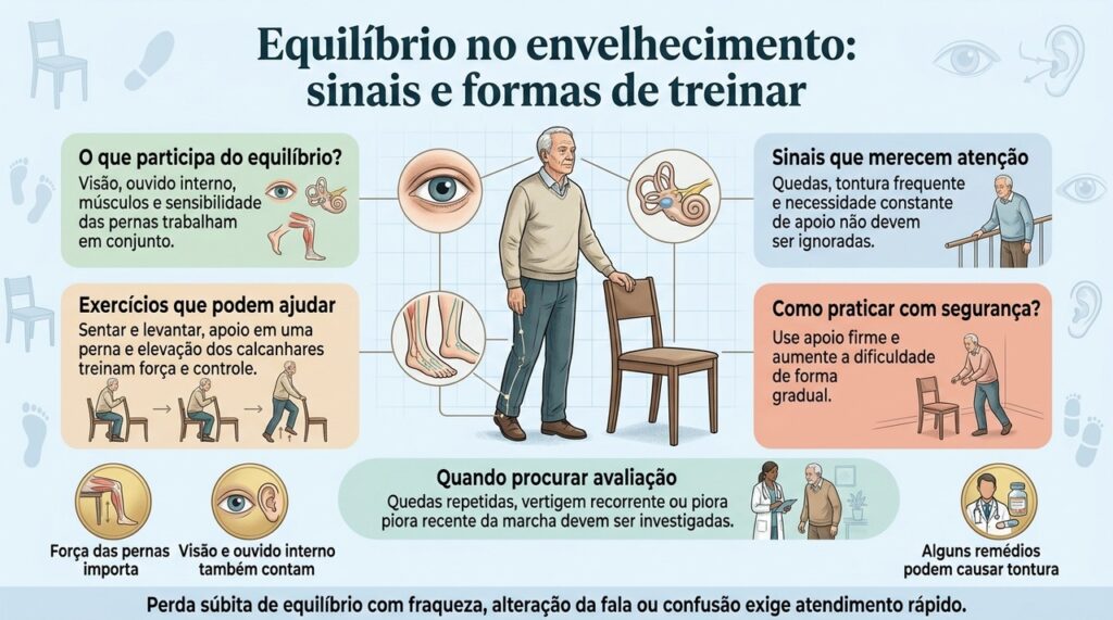 O equilíbrio depende de vários sistemas, e exercícios adaptados podem ajudar a melhorar força e estabilidade.