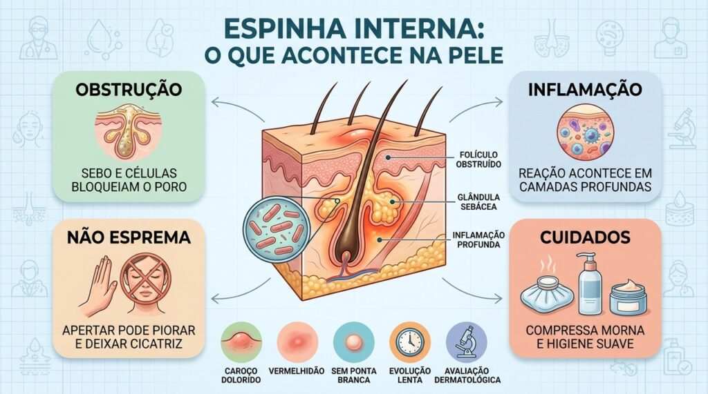 Obstrução e inflamação profunda explicam a dor e a evolução lenta da lesão.