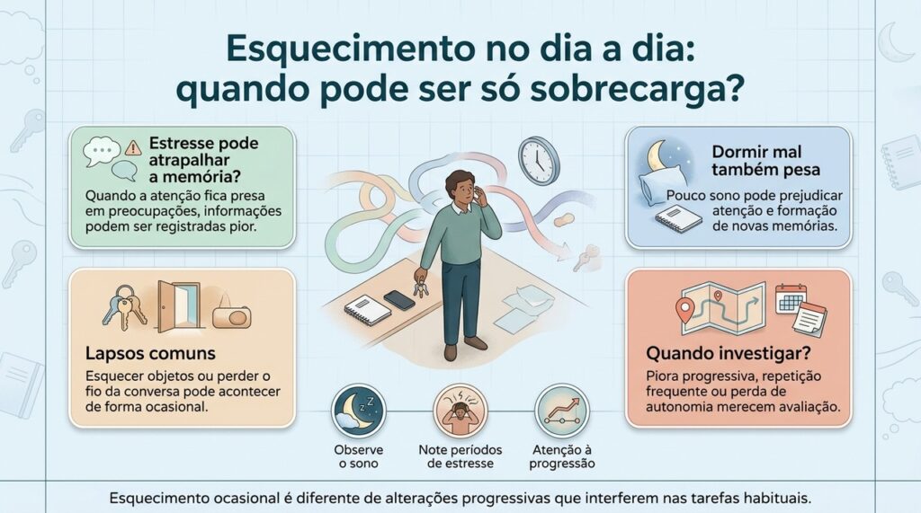 Lapsos ocasionais podem estar ligados a estresse e sono ruim, enquanto mudanças progressivas merecem investigação.
