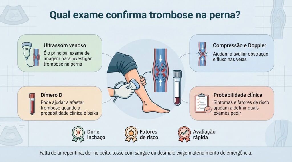 A escolha entre dímero D e ultrassom depende da probabilidade de trombose estimada na avaliação clínica.