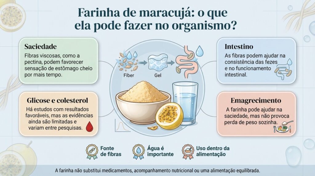 A farinha de maracujá pode acrescentar fibras à dieta, mas seus possíveis efeitos sobre glicose, colesterol e peso ainda precisam ser interpretados com cautela.