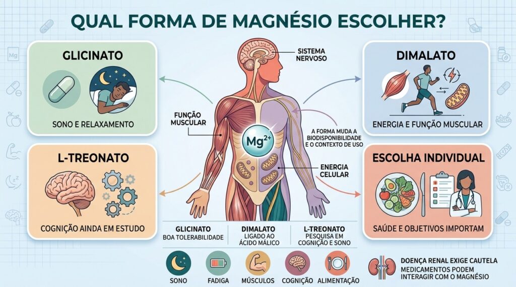 Glicinato, dimalato e treonato diferem em características, usos propostos e evidências.