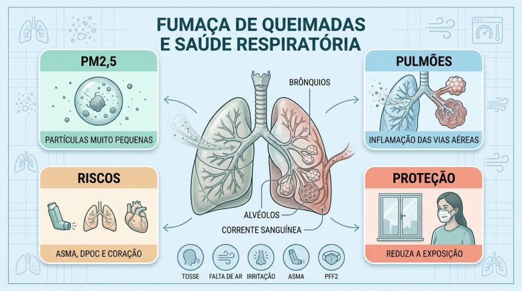 PM2,5 alcança os alvéolos e aumenta riscos para quem tem doenças respiratórias.