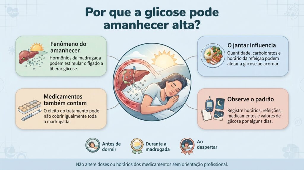 A glicemia ao acordar pode refletir o fenômeno do amanhecer, a composição do jantar e a cobertura do tratamento durante a noite.