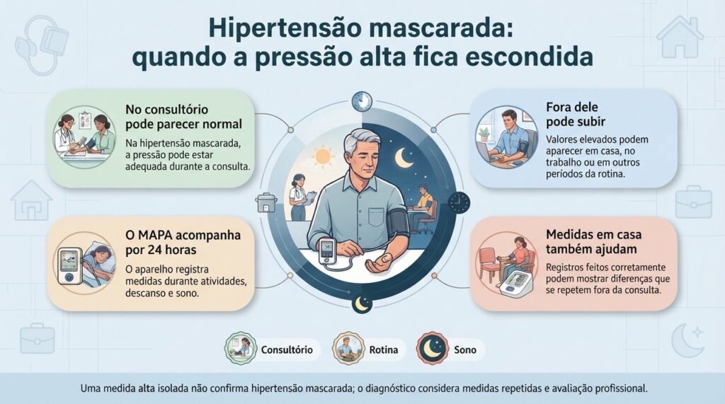 Comparar a pressão do consultório com medidas feitas durante a rotina pode ajudar a identificar a hipertensão mascarada.