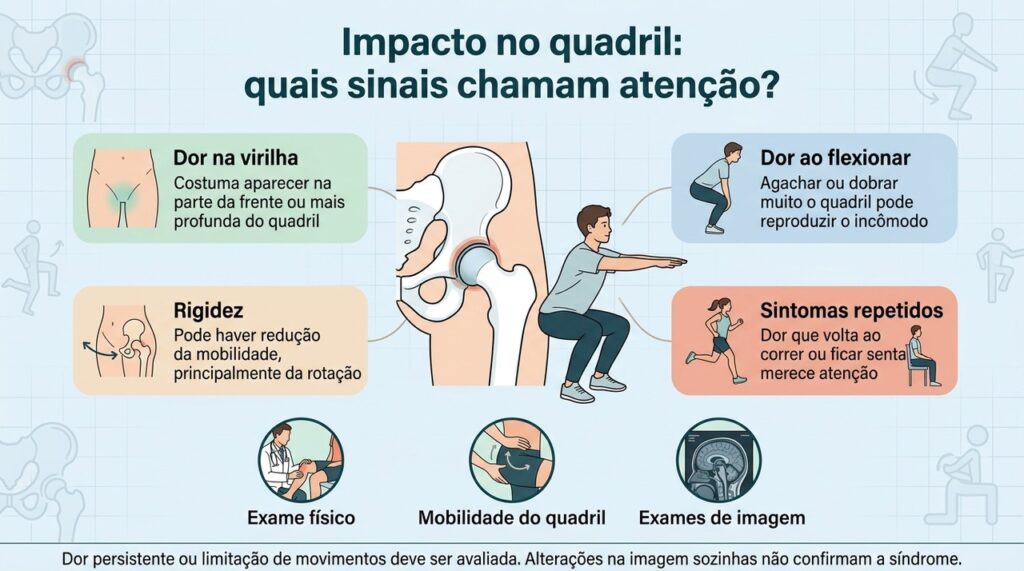 Dor na virilha, rigidez e incômodo repetido ao flexionar o quadril podem levantar suspeita de impacto femoroacetabular.