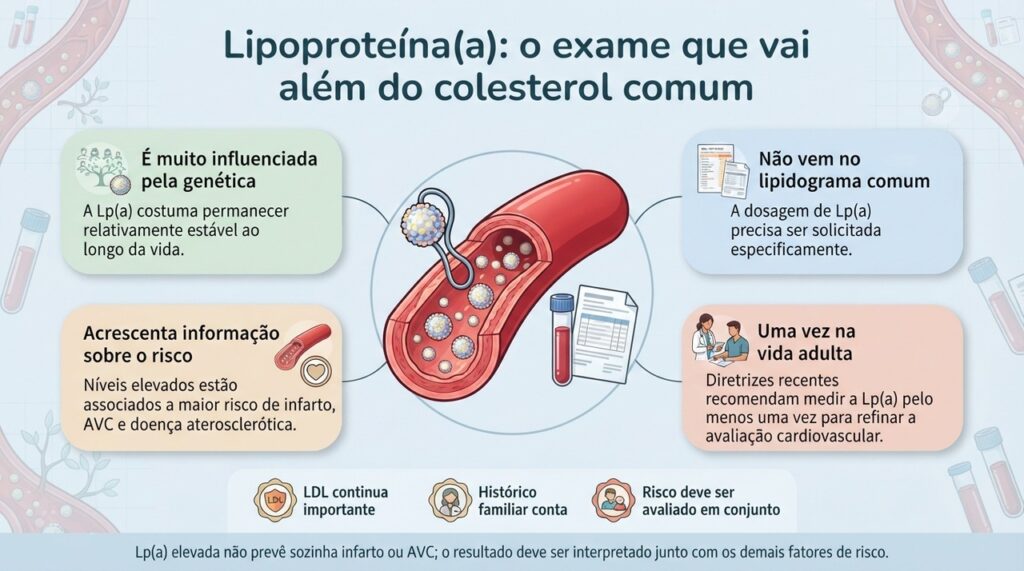 A dosagem de Lp(a) pode complementar a avaliação do risco cardiovascular, especialmente quando existe histórico familiar ou risco que não é explicado apenas pelo LDL.
