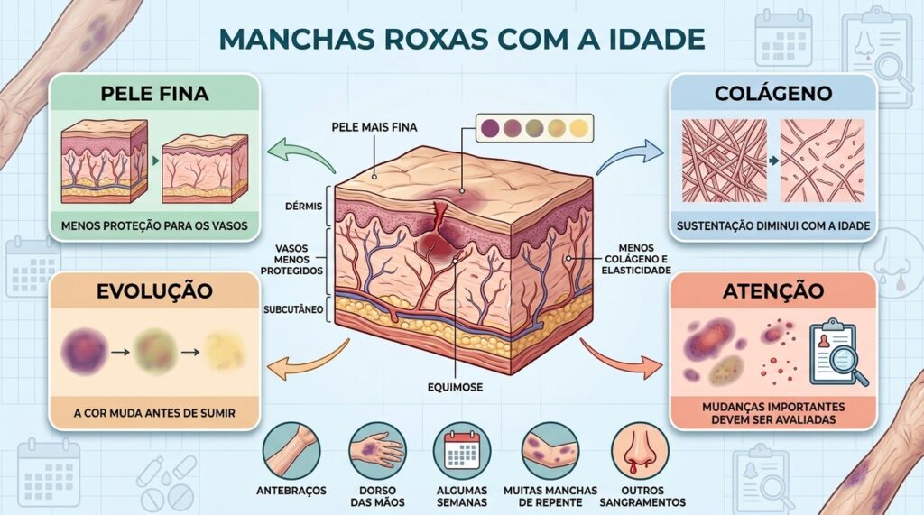 Pele fina, menos colágeno e vasos frágeis favorecem equimoses com o envelhecimento.