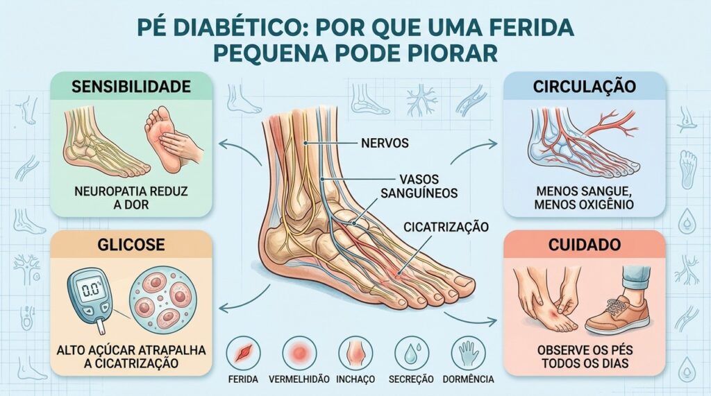 Neuropatia, circulação reduzida, glicose alta e prevenção explicam o risco do pé diabético.