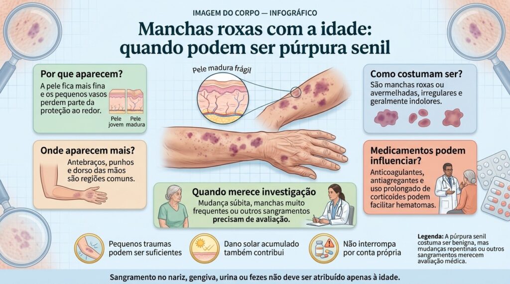 A púrpura senil costuma ser benigna, mas mudanças repentinas ou outros sangramentos merecem avaliação médica.