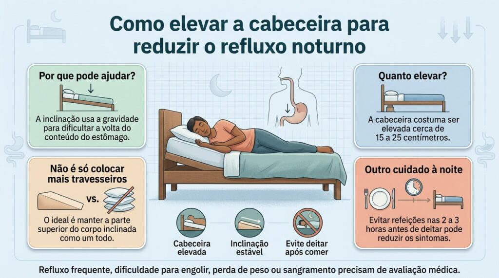 Inclinar a cabeceira e evitar deitar logo após comer são medidas que podem ajudar no refluxo noturno.