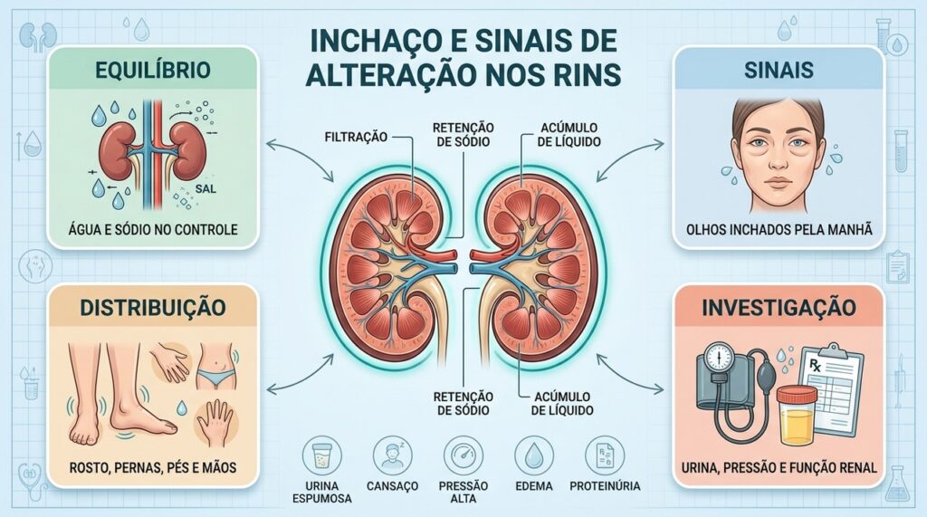Retenção de sódio, edema, proteinúria e pressão alta ajudam a orientar a investigação renal.