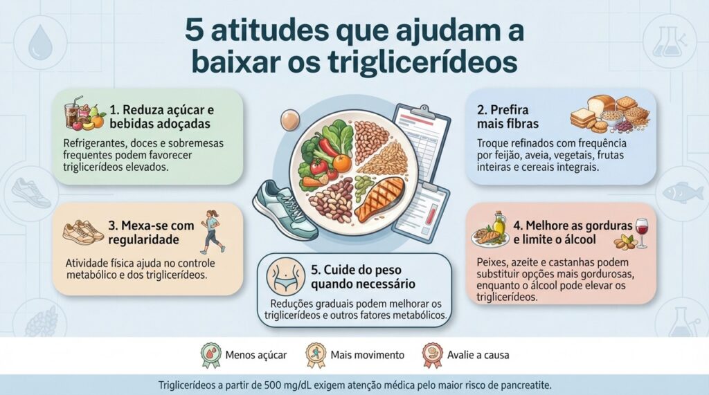 Reduzir açúcar e álcool, aumentar fibras, praticar atividade física e melhorar a qualidade da alimentação ajudam no controle dos triglicerídeos.