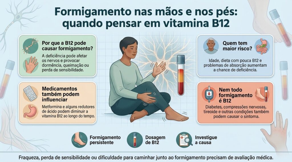 A vitamina B12 baixa pode afetar os nervos, mas o formigamento persistente precisa ser investigado para identificar a causa correta.