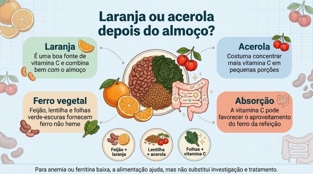 Vitamina C e ferro vegetal funcionam melhor como parte de uma refeição equilibrada, sem transformar uma única fruta em solução isolada.