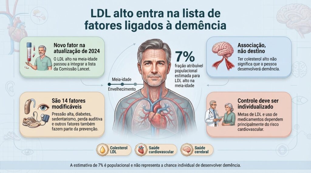 O relatório de 2024 incluiu o LDL alto na meia-idade entre os fatores potencialmente modificáveis associados ao risco de demência.