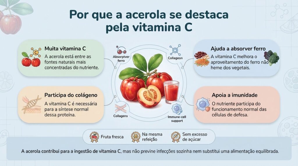 A vitamina C da acerola pode melhorar a absorção do ferro vegetal e participa da síntese de colágeno e da função imunológica.