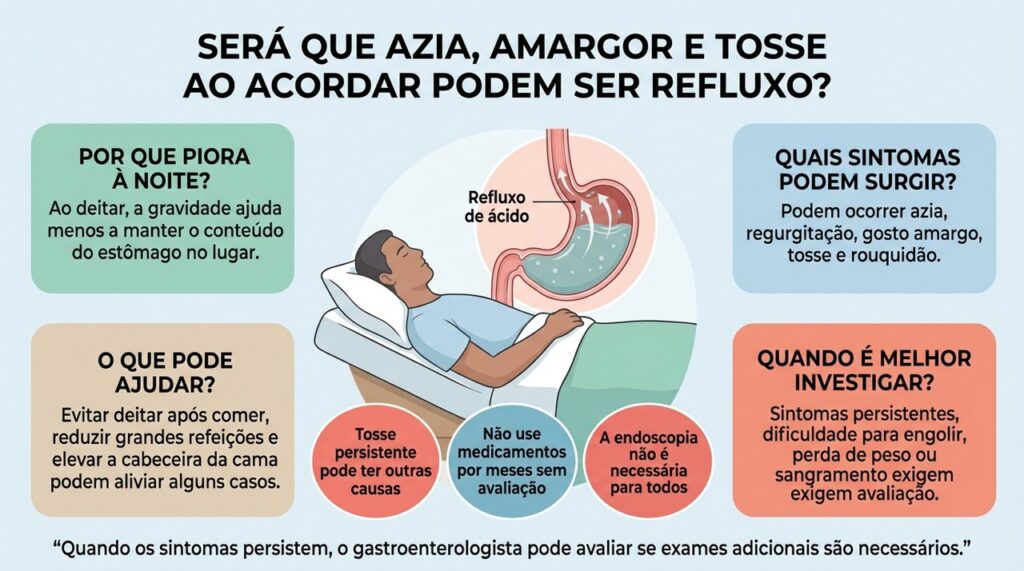 Refluxo noturno pode causar azia, regurgitação e sintomas na garganta, mas tosse persistente também pode ter outras explicações.