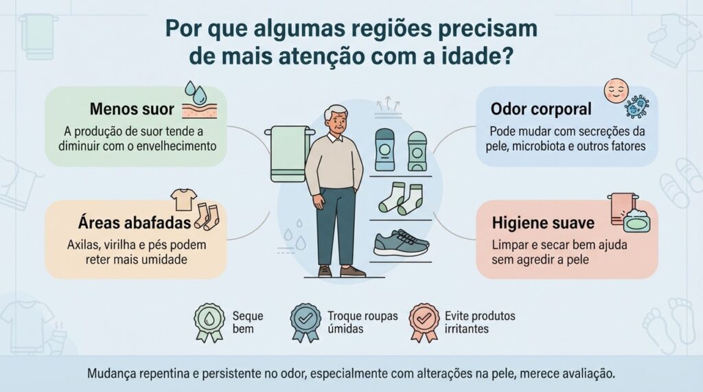 O cuidado com umidade, secagem e ventilação ajuda a preservar a pele e reduzir odores sem recorrer a limpeza excessiva.