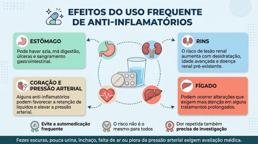 Anti-inflamatórios podem causar efeitos em diferentes órgãos, especialmente quando usados com frequência ou por períodos prolongados.