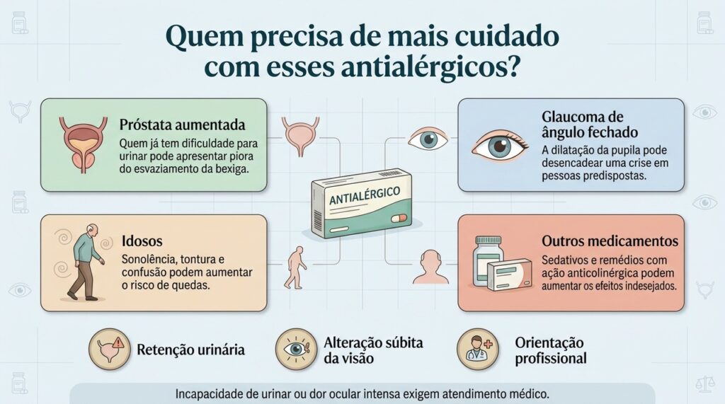 Homens com sintomas urinários, pessoas com glaucoma de ângulo fechado e idosos mais frágeis precisam de avaliação antes de usar esses antialérgicos.