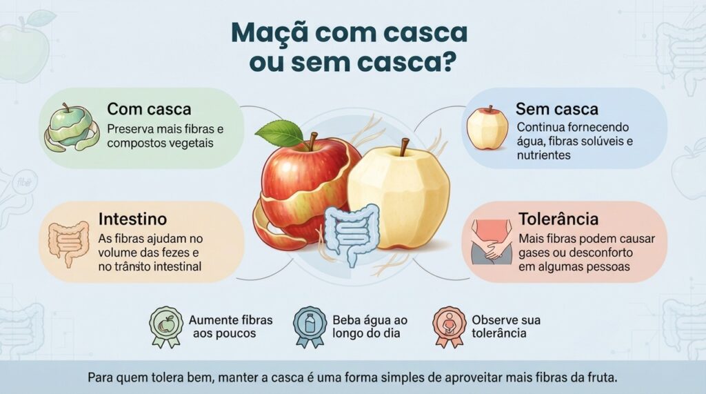 Manter a casca pode aumentar a ingestão de fibras, mas a melhor forma de consumir a maçã depende da tolerância individual.