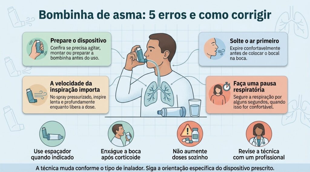 A técnica correta depende do tipo de inalador e deve ser revisada periodicamente com um profissional de saúde.