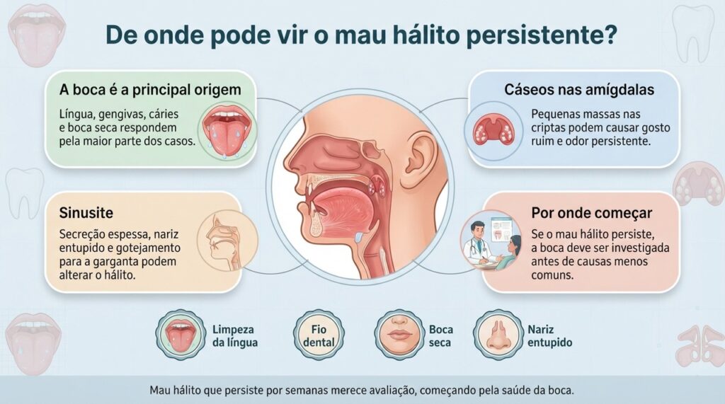 A investigação do mau hálito persistente costuma começar pela boca e avança para amígdalas ou seios da face quando há sinais compatíveis.