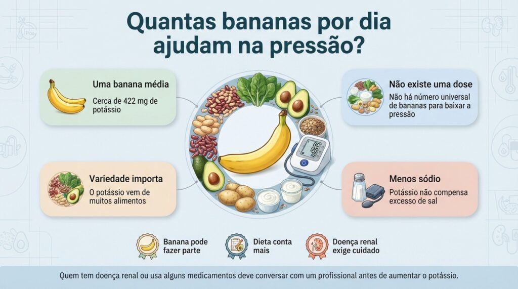 Não existe um número universal de bananas para controlar a pressão; o conjunto da alimentação e a ingestão total de potássio são mais importantes.