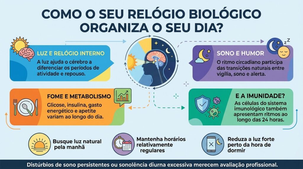 O ritmo circadiano coordena diferentes funções ao longo das 24 horas e responde especialmente aos ciclos de luz e escuridão.