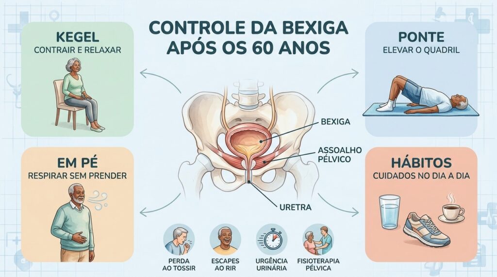 Kegel, ponte, contrações em pé e hábitos saudáveis apoiam o controle urinário com o envelhecimento.