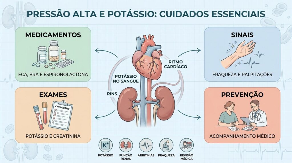 Medicamentos de risco, sintomas inespecíficos e exames de potássio e creatinina orientam o acompanhamento seguro.