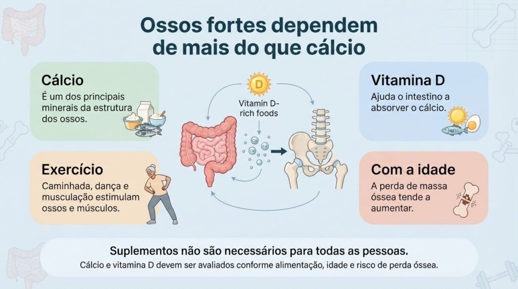 Vitamina D favorece a absorção do cálcio, enquanto exercício e outros fatores também participam da saúde óssea.