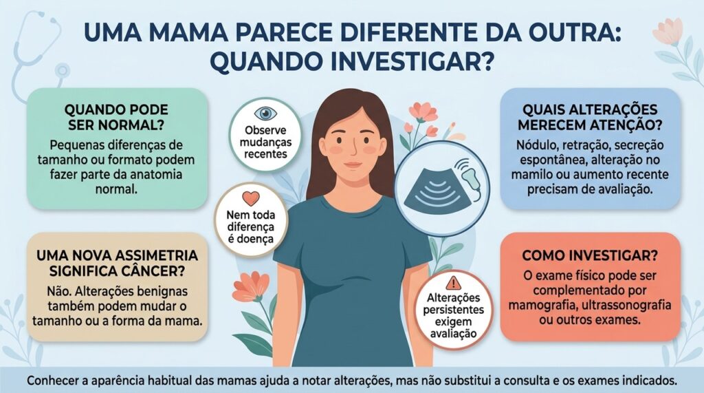 Mudanças recentes em uma das mamas devem ser avaliadas para diferenciar alterações benignas de situações que precisam de investigação mais rápida.