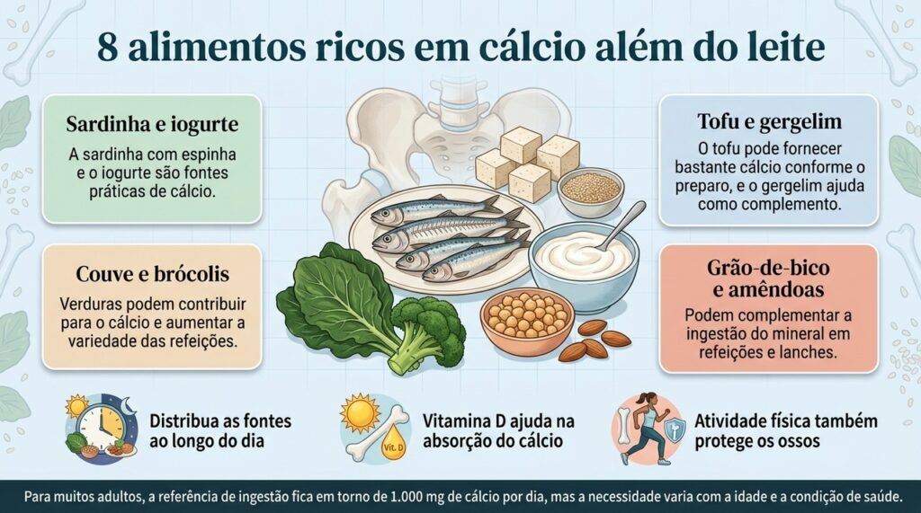 Variar as fontes de cálcio e manter vitamina D adequada, atividade física e alimentação equilibrada ajuda na manutenção da saúde óssea.