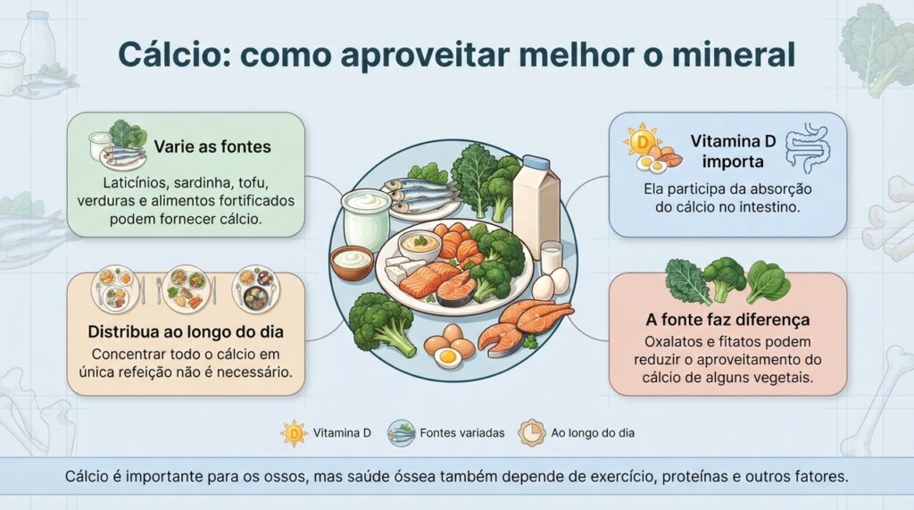 O aproveitamento do cálcio depende da fonte, da quantidade consumida e de fatores como a vitamina D.