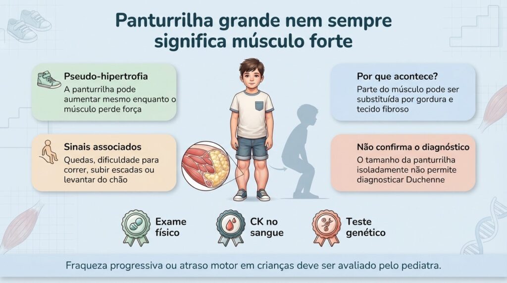 A pseudo-hipertrofia pode aumentar o volume das panturrilhas enquanto a força muscular diminui progressivamente.