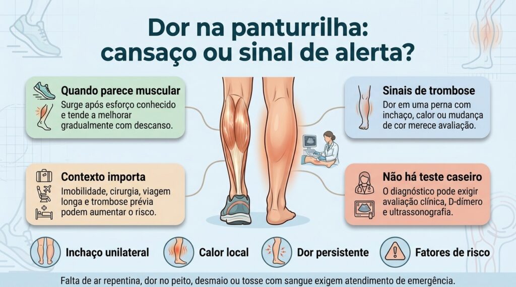 Dor unilateral com inchaço, calor ou fatores de risco precisa ser diferenciada de um simples cansaço muscular.