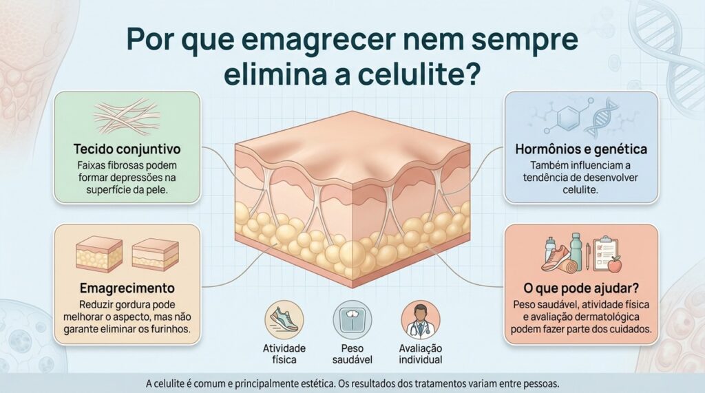 A celulite é multifatorial, por isso a perda de peso pode melhorar seu aspecto sem necessariamente fazê-la desaparecer.