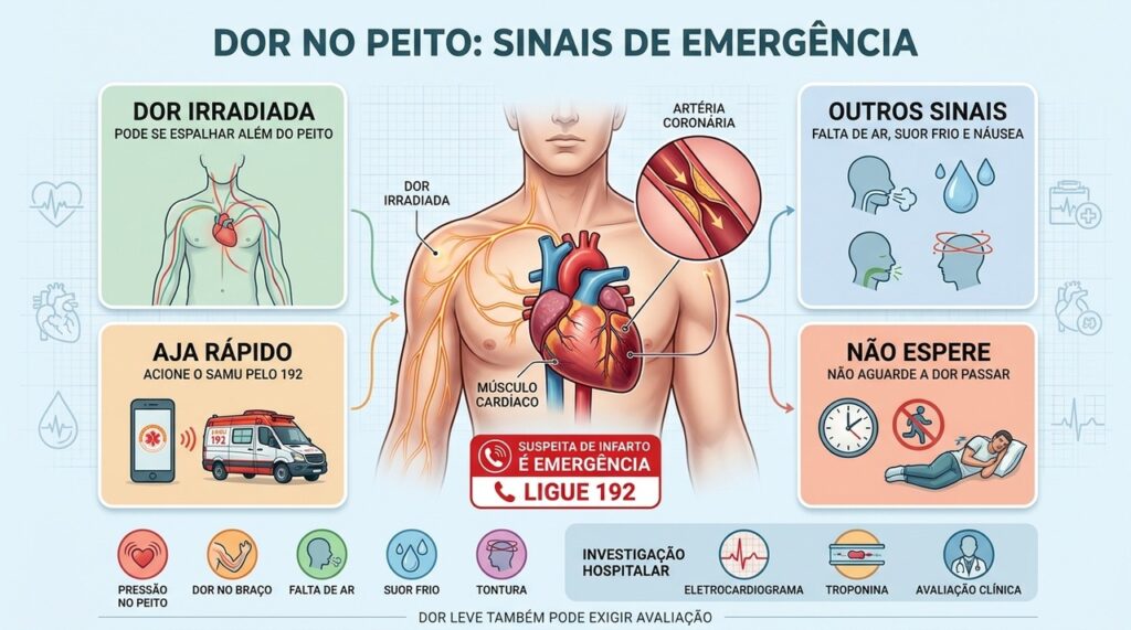 Dor irradiada, falta de ar e suor frio exigem rápida avaliação cardíaca.