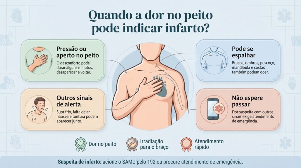 Dor no peito acompanhada de irradiação, falta de ar, suor frio ou náusea deve ser tratada como possível emergência.