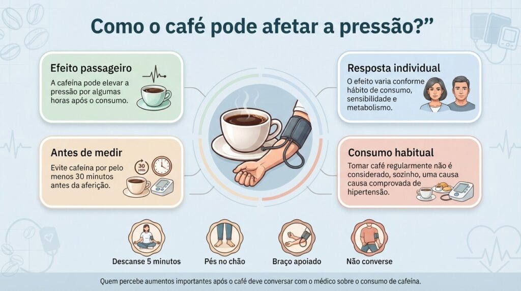 Para medir a pressão com mais precisão, é melhor evitar cafeína nos 30 minutos anteriores e seguir uma técnica adequada.