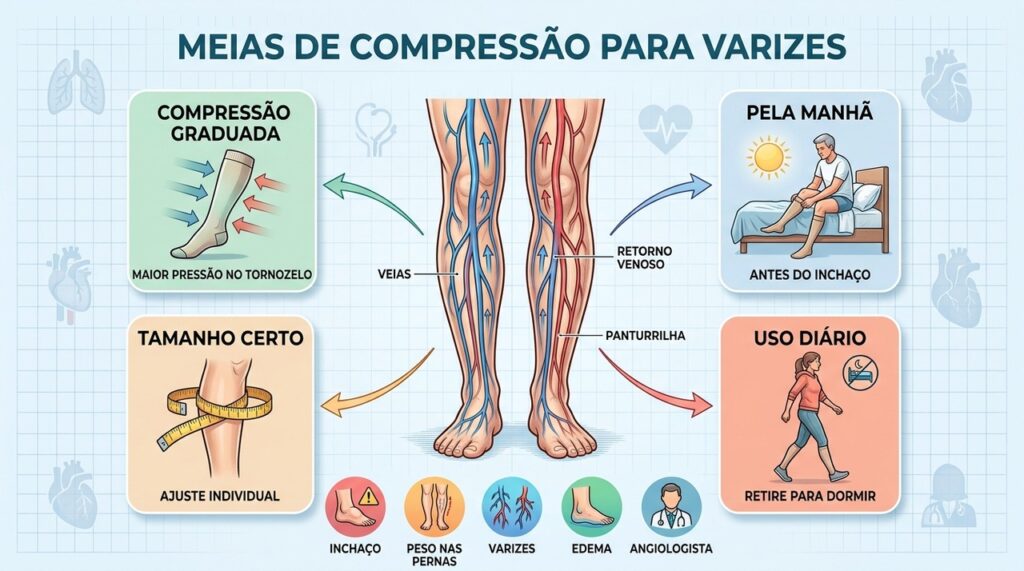 Compressão adequada, uso correto e acompanhamento médico potencializam os benefícios para varizes.