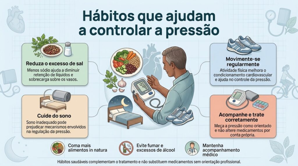 O controle da pressão depende da combinação entre alimentação, movimento, sono, acompanhamento e uso correto do tratamento indicado.