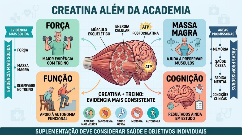 Força e massa magra têm evidências mais sólidas; cognição segue em investigação.