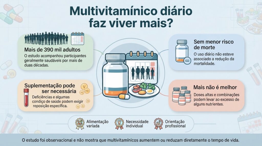 Para adultos geralmente saudáveis, o uso diário de multivitamínicos não foi associado a maior longevidade no estudo.